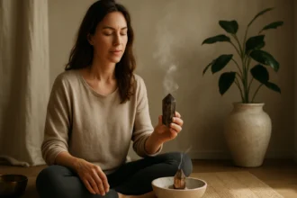 Žena meditujúca s dymovým kremeňom a relaxačnou atmosférou