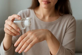 Žena aplikuje parafínový olej na ruku na starostlivosť o pokožku.