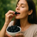 Žena vychutnáva černice z misky v prírode