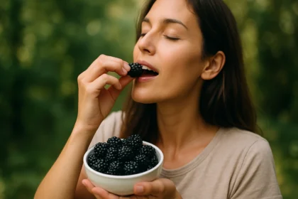 Žena vychutnáva černice z misky v prírode