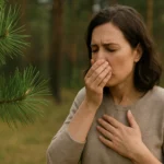 Žena s alergiou na peľ borovice v lese