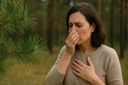Žena s alergiou na peľ borovice v lese