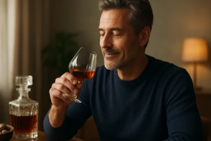 Muž vychutnávajúci koňak v pohári, relaxačná atmosféra.