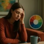 Žena s pohárom kávy vyjadruje emócie a stres pri farbách.