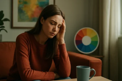 Žena s pohárom kávy vyjadruje emócie a stres pri farbách.