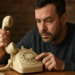 Muž používa otočný telefón s mechanickým voličom.