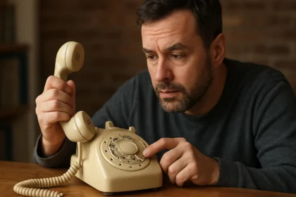 Muž používa otočný telefón s mechanickým voličom.