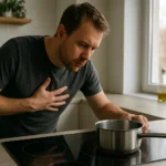 Muž s pocitom úzkosti pri varení na indukčnej varnej doske