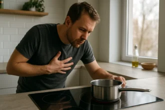 Muž s pocitom úzkosti pri varení na indukčnej varnej doske