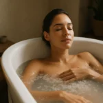 Žena relaxuje v soľnom kúpeľa s prírodnými ingredienciami.