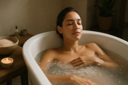 Žena relaxuje v soľnom kúpeľa s prírodnými ingredienciami.