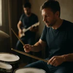 Bicie nástroje v akcii: bubeník hrá v kapely s gitaristom.