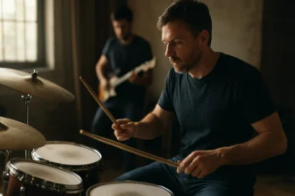 Bicie nástroje v akcii: bubeník hrá v kapely s gitaristom.