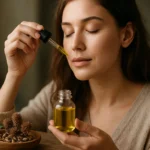 Mladá žena aplikuje ricínový olej na tvár pre zdravie a krásu.