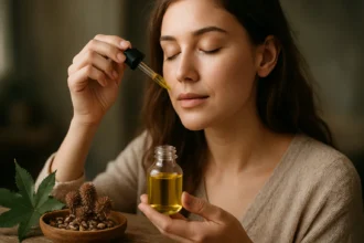 Mladá žena aplikuje ricínový olej na tvár pre zdravie a krásu.