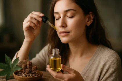 Mladá žena aplikuje ricínový olej na tvár pre zdravie a krásu.