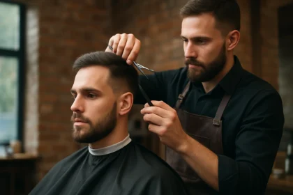 Profesionálny holič strihajúci vlasy muža v barber shope.