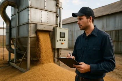 Muž kontrolujúci obilnú sušičku pri odovzdávaní zrnín