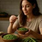 Žena si vychutnáva čerstvý hrach v kuchyni.