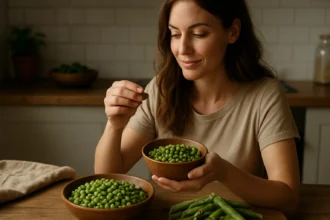 Žena si vychutnáva čerstvý hrach v kuchyni.