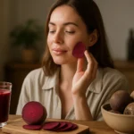 Žena s cviklou na pleti, pitím šťavy a surovou cviklovou kockou