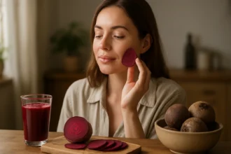 Žena s cviklou na pleti, pitím šťavy a surovou cviklovou kockou