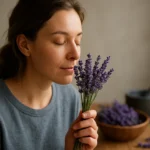 Žena cíti arómu čerstvej levandule, podporuje relaxáciu.