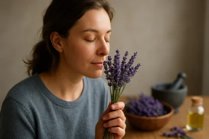Žena cíti arómu čerstvej levandule, podporuje relaxáciu.