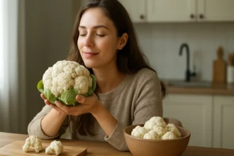 Žena s karfiolom a jeho kúsky v kuchyni, vyjadruje radosť z čerstvého jedla.