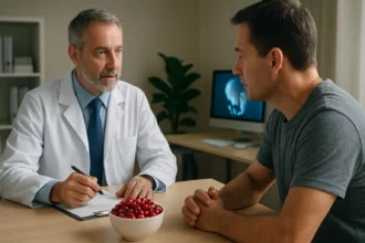 Lekár s pacientom diskutuje o prínosoch brusnice pre zdravie prostaty