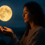 Žena s uzavretými očami drží spln mesiaca v dlaniach.