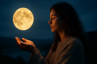 Žena s uzavretými očami drží spln mesiaca v dlaniach.