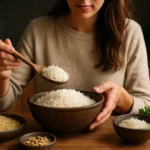 Žena servírujúca basmati ryžu v kuchyni s čerstvými bylinkami.