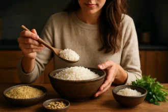 Žena servírujúca basmati ryžu v kuchyni s čerstvými bylinkami.