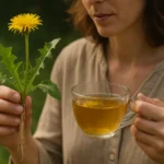 Žena s púpavovým čajom a čerstvou púpavou.