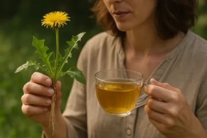 Žena s púpavovým čajom a čerstvou púpavou.
