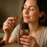 Žena ochutnáva tamarindové želé, plné vitamínov a antioxidantov.