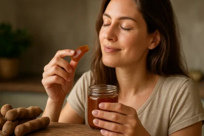 Žena ochutnáva tamarindové želé, plné vitamínov a antioxidantov.