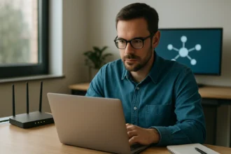 Muž pracujúci na laptopu v kancelárii s routerom a počítačom.