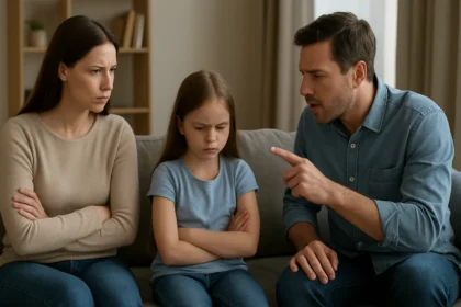 Rodičia majú diskusiu so smutným dieťaťom na gauči