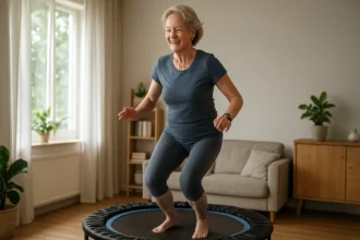 Staršia žena skáče na trampolíne, podporuje zdravie a pohyb.