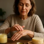 Žena nanáša mangalicovú masť na ruku pre zdravie pokožky.