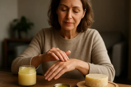 Žena nanáša mangalicovú masť na ruku pre zdravie pokožky.