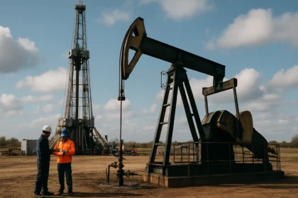 Detail z ropného vrtu s pracovníkmi v teréne