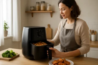 Žena používa teplovzdušnú fritézu na zdravé varenie v kuchyni.