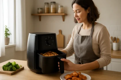 Žena používa teplovzdušnú fritézu na zdravé varenie v kuchyni.