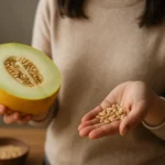 Osoba drží žltý melón a jeho semienka v rukách