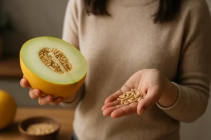 Osoba drží žltý melón a jeho semienka v rukách