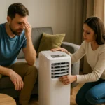Zariadenie prenosnej klimatizácie Orion v obývačke s dvoma osobami.