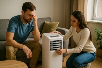 Zariadenie prenosnej klimatizácie Orion v obývačke s dvoma osobami.